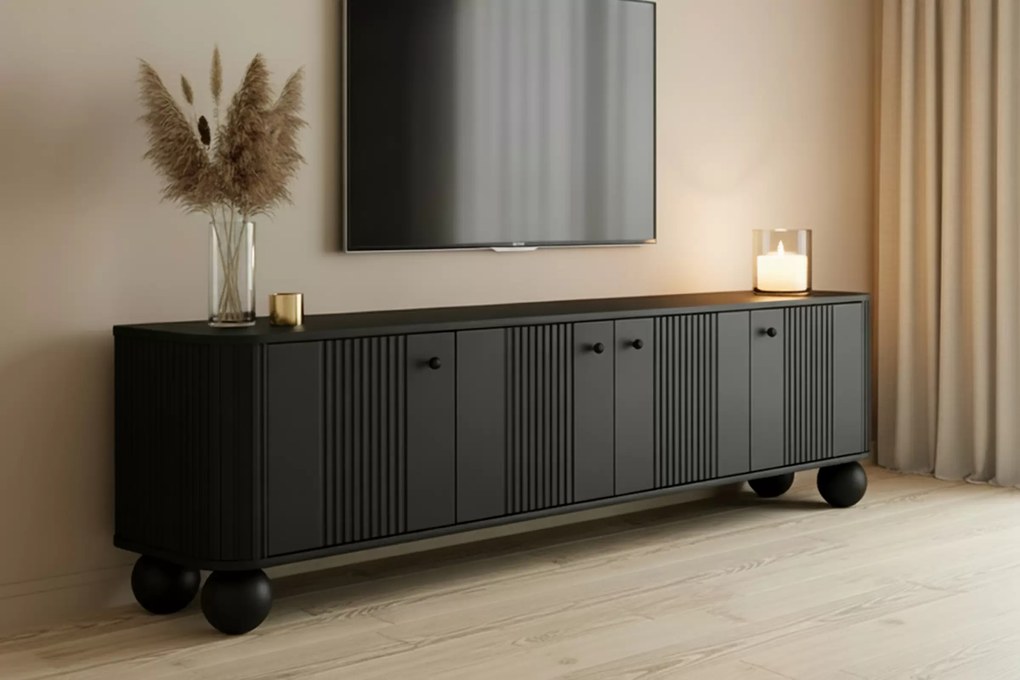 Szafka RTV Vesper 4D 187 cm - czarny / czarne uchwyty / nogi kule