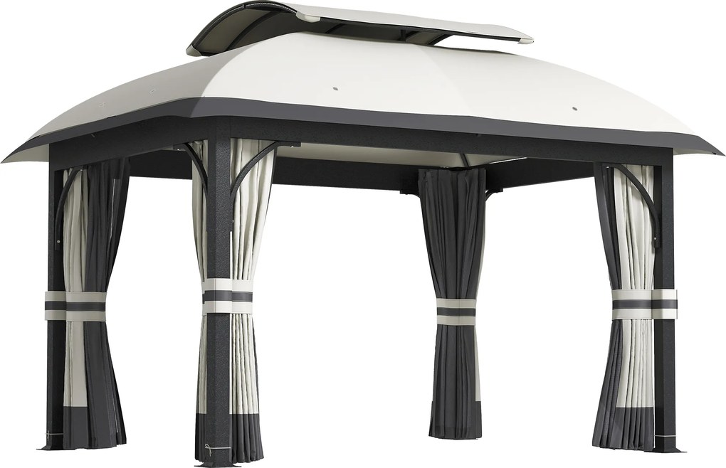 Outsunny Pawilon Ogrodowy, 3,3 x 4 m Namiot z Siatkowymi Zasłonami, Dwupoziomowy Dach, Pokrycie Skórą Ekologiczną, Metalowa Rama, Jasnoszary