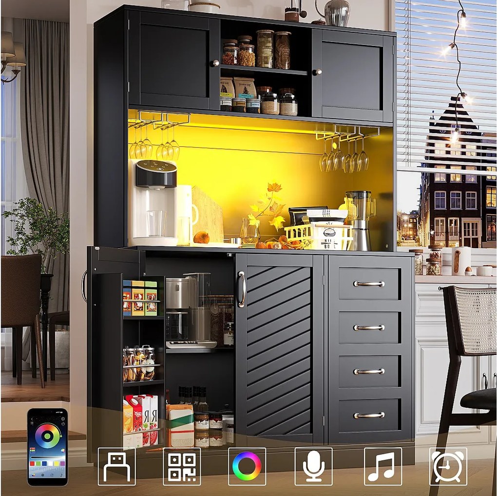 Kredens kuchenny - 120 x 40 x 188 cm - 4 drzwi + oświetlenie LED + uchwyty na kubki + szuflady + półka na przekąski - płyta MDF - czarny