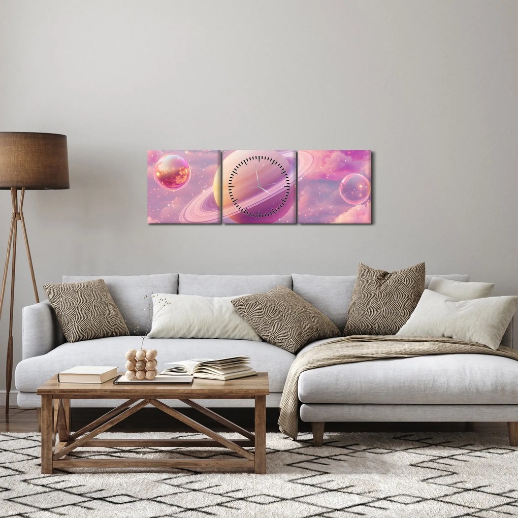 Obraz - Różowa planeta (z zegarem) (90x30 cm)