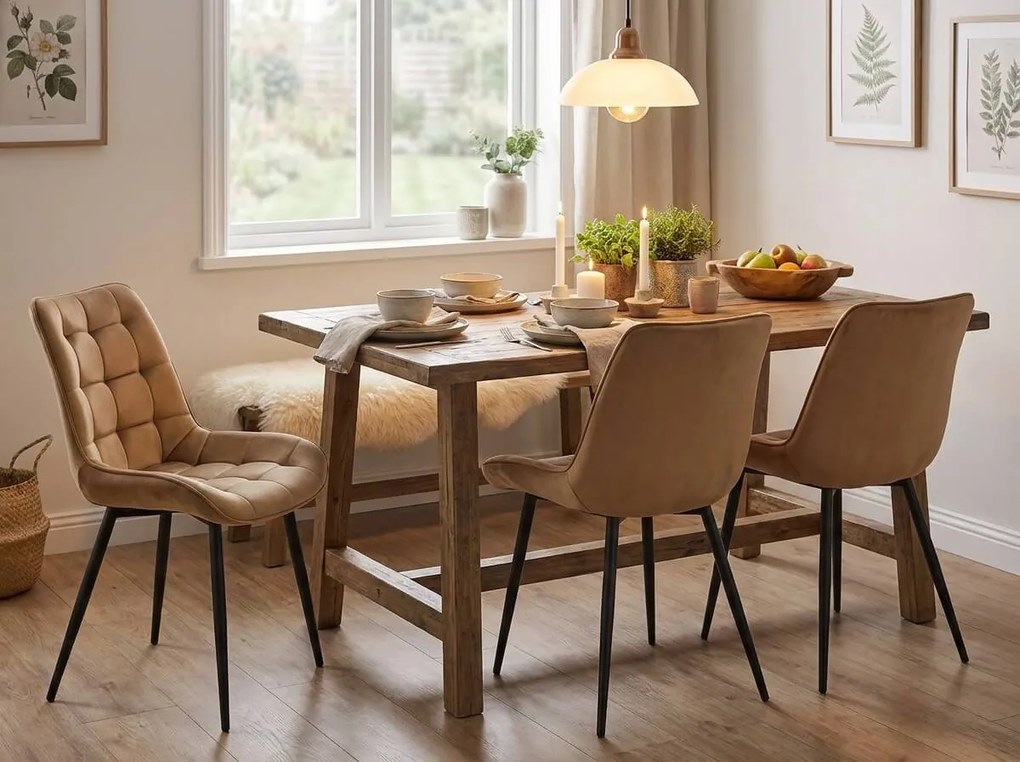 Brązowe krzesło do kuchni BERA aksamitne z czarnymi nogami