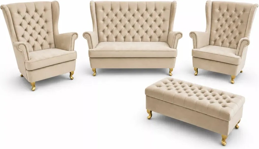 Komplet uszak sofa 2-osobowa + 2 fotele + podnóżek 90 cm głębokie pikowanie