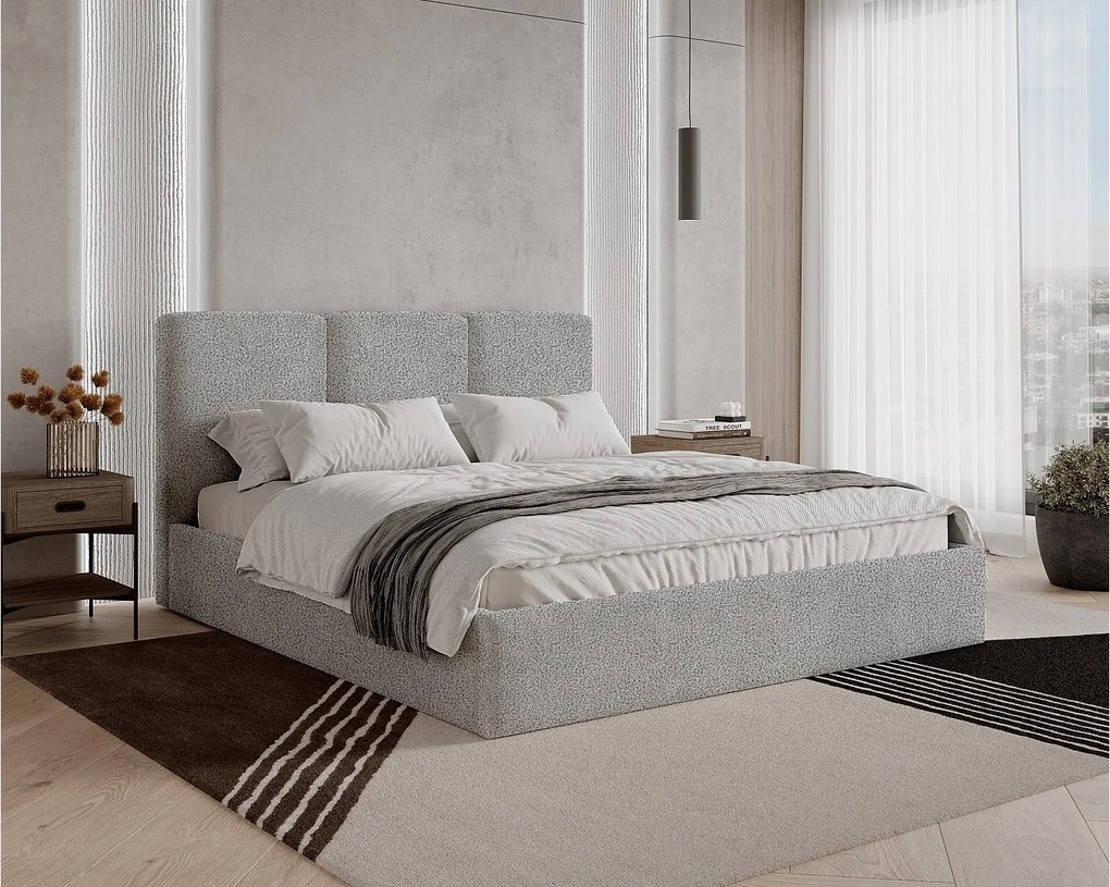Łóżko tapicerowane 180x200 Mira boucle – łóżko z pojemnikiem na pościel i stelażem drewnianym, nowoczesne łóżko do sypialni, tkanina boucle – Jasnoszary