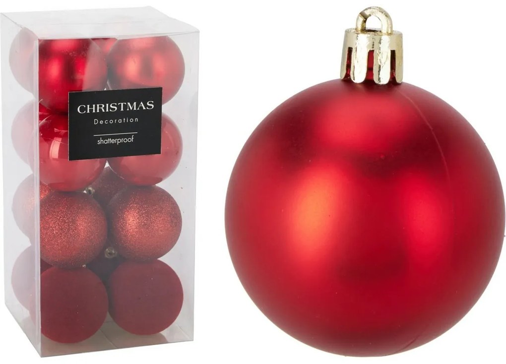 Zestaw 16 szt. ozdób świątecznych Festive Sparkles, czerwony, śr. 6 cm, plastik, śred. 6 cm