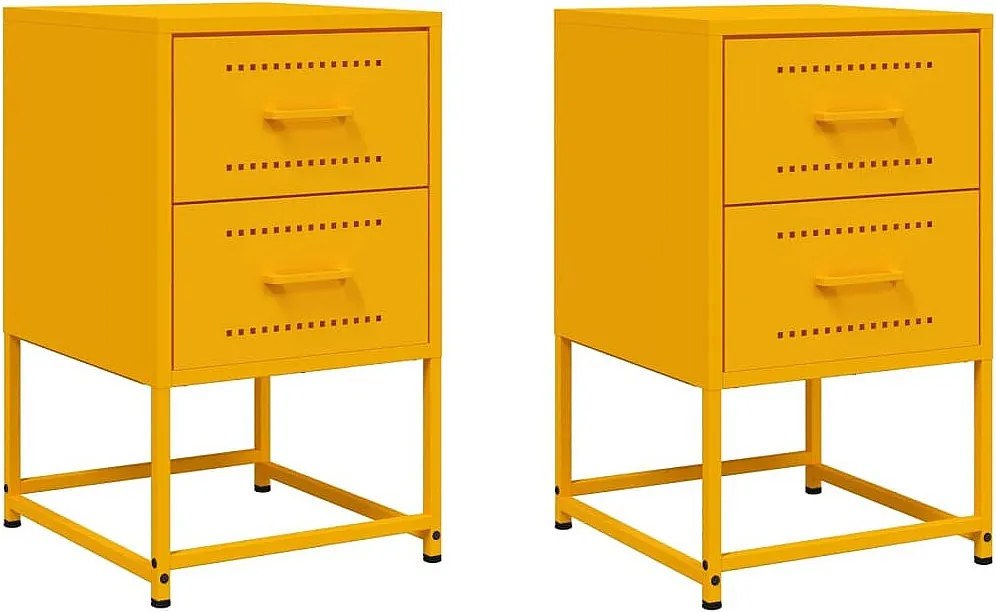 Zestaw 2 przemysłowych szafek nocnych z żółtej musztardy ze sporym miejscem na przechowywanie