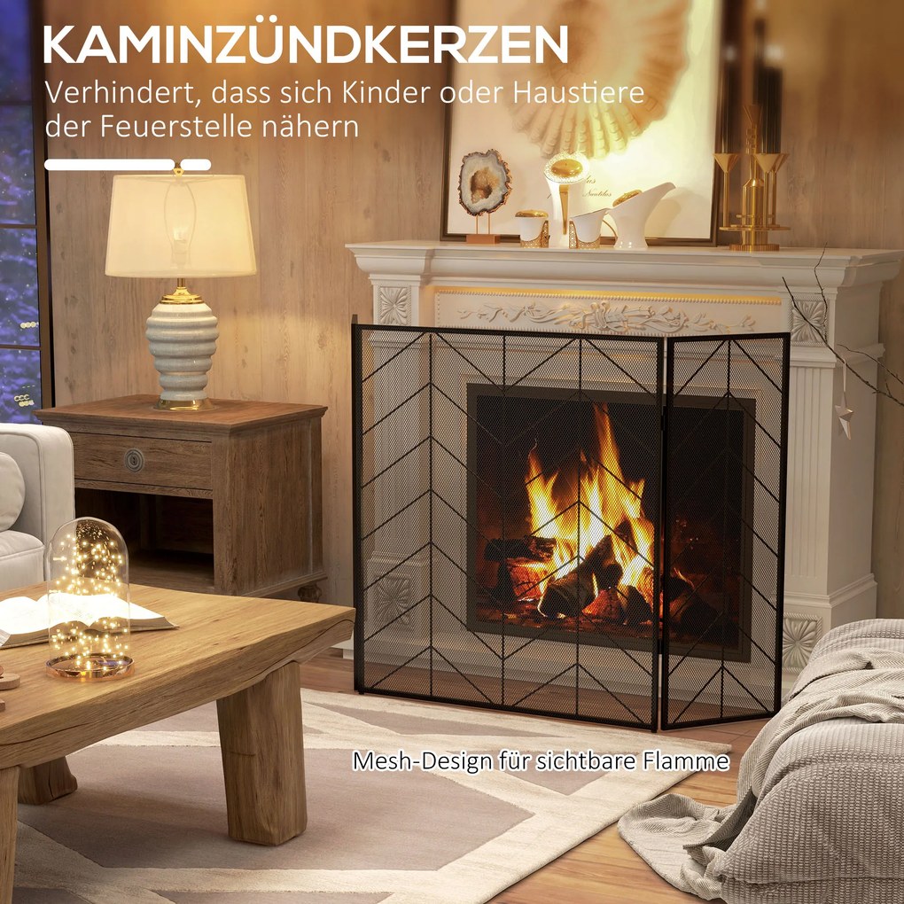 HOMCOM Osłona przeciwiskrowa do kominków, elegancka wyłapująca iskry, składana, malowana proszkowo, Czarna, 135 x 85 cm