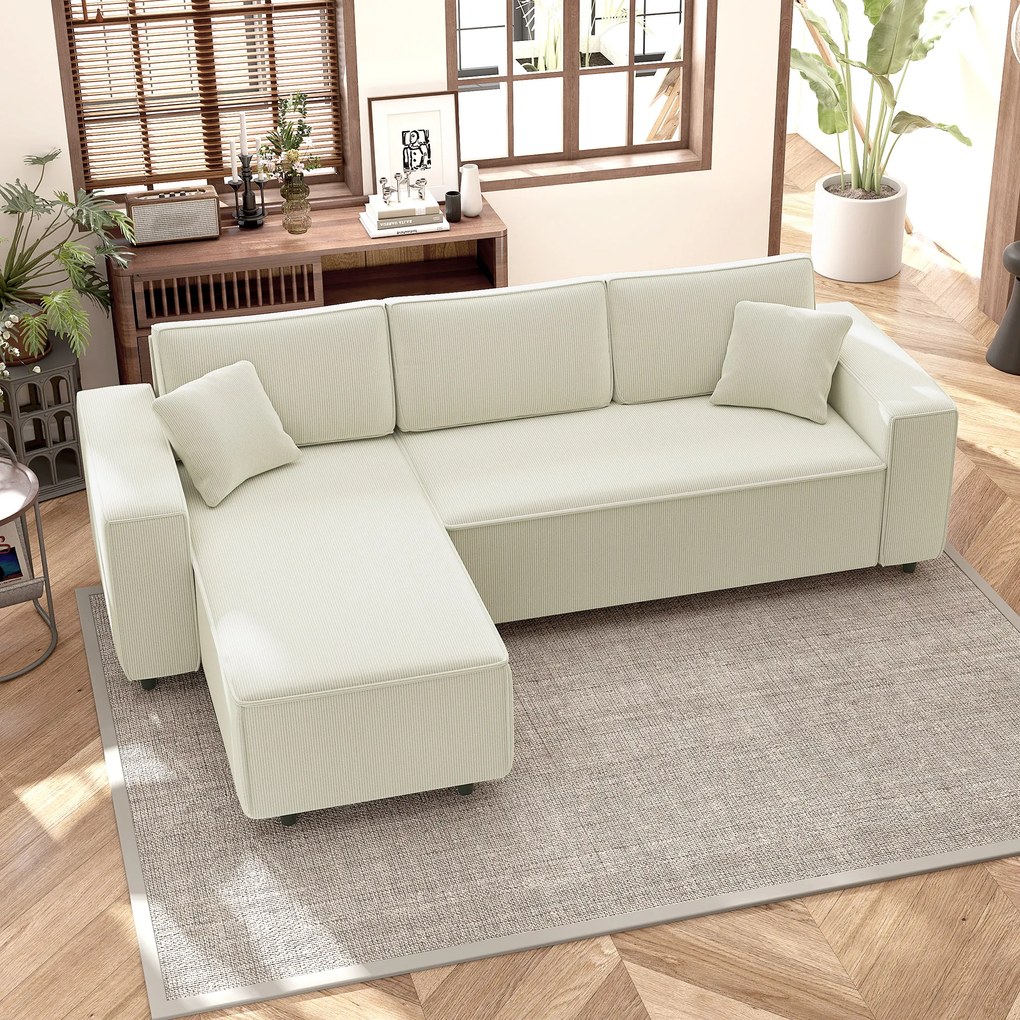 HOMCOM Narożnik 3-osobowy z Modułem Chaise Longue, Sofa do Salonu z Pokryciem Sztruksowym, 2 Dodatkowe Poduszki, Sofa Wypoczynkowa, Kremowy