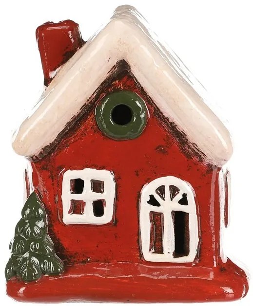Dekoracja świąteczna domek ceramiczny z białym dachem, LED, czerwony