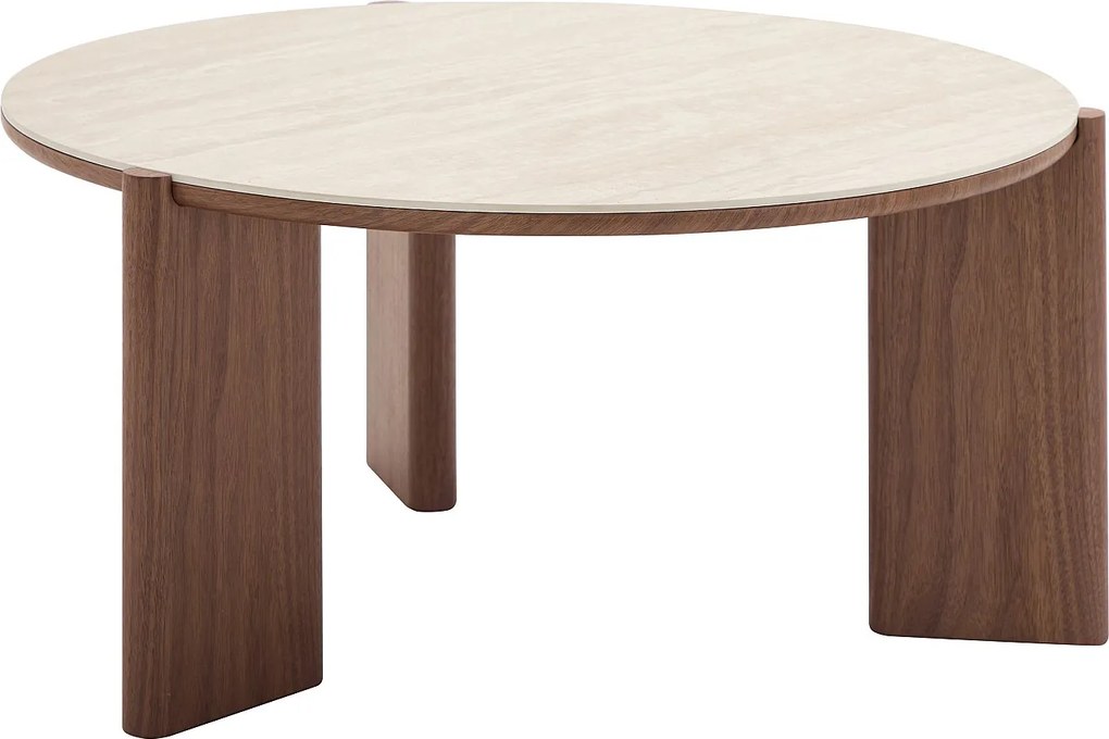 Stolik kawowy ceramiczny z orzechowym fornirem - Efekt trawertynu i naturalny - MUNYRA