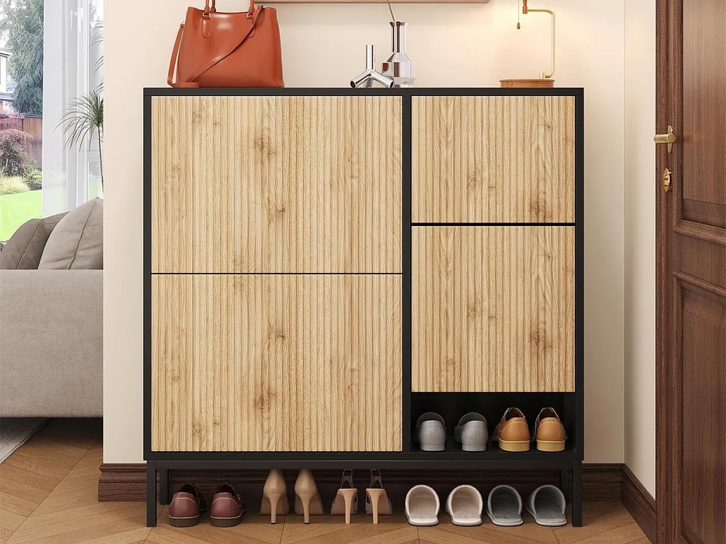 Szafka na buty z składanym siedziskiem - 3 drzwi uchylne - Czarny i naturalny