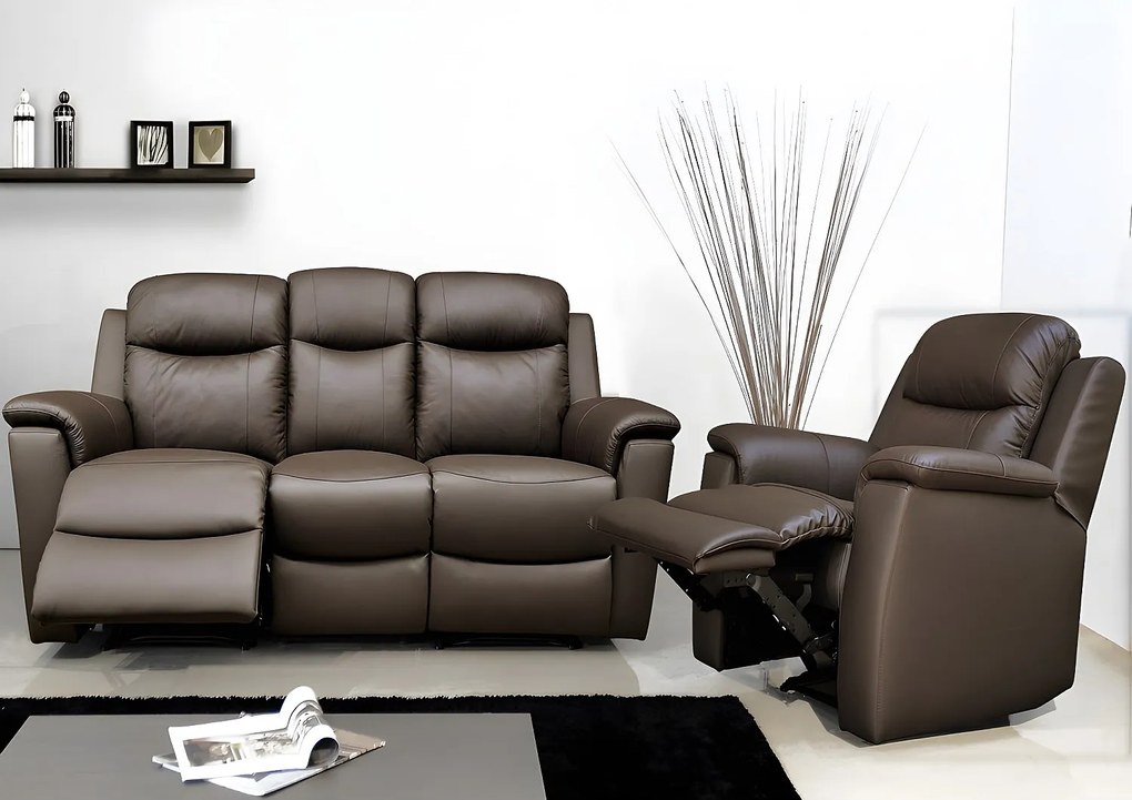 Kanapa 3-osobowa i fotel z funkcją relax EVASION - brązowy