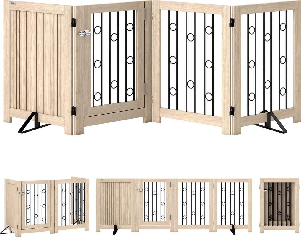 PawHut Wolnostojąca bramka dla zwierząt, bramka dla psa z drzwiami, 4 panele, do korytarza, schodów, ościeżnicy drzwiowej, MDF, stal | Aosom PL