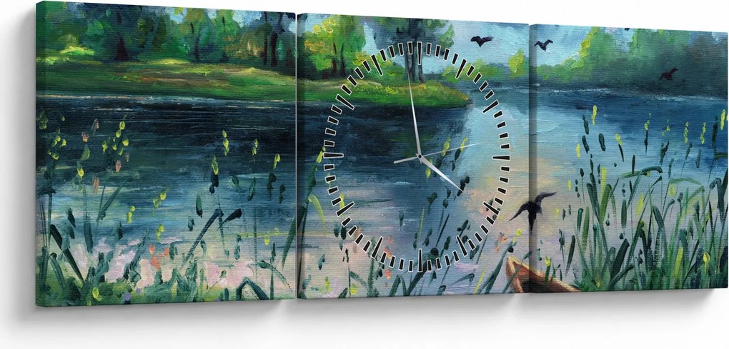 Obraz - Obraz olejny, Wczesny letni wieczór nad jeziorem (z zegarem) (90x30 cm)
