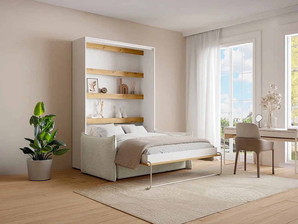 Łóżko chowane w szafie 140 x 200 cm - Otwierane pionowo ręcznie - Z oświetleniem LED - Białe i naturalne + Kanapa - RAPILI