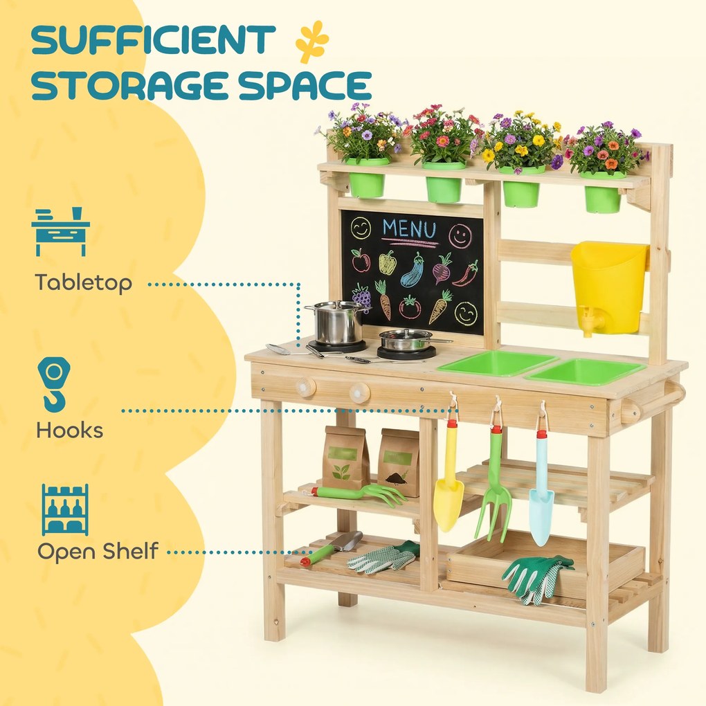 AIYAPLAY Kuchnia błotna dla dzieci na zewnątrz, drewniana kuchnia zabawkowa ze zlewem, kuchenką, doniczkami, tablicą dla 3-6 lat 77x32x95 cm drewno naturalne | Aosom PL