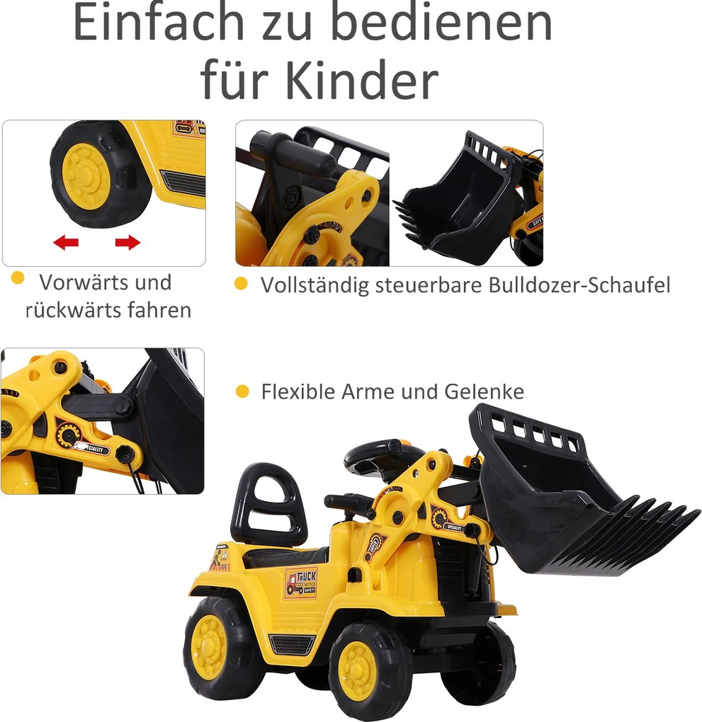 Koparka siedziskowa HOMCOM z wbudowanym schowkiem, dziecięca koparka do jazdy z klaksonem