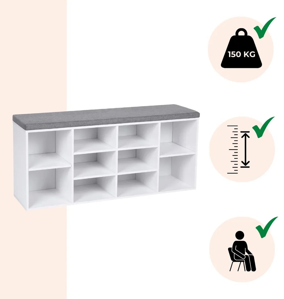 Szafka na buty z tapicerowaną ławką GABI, 10 przegródek, 104x30x48cm, szary/biały Vasagle