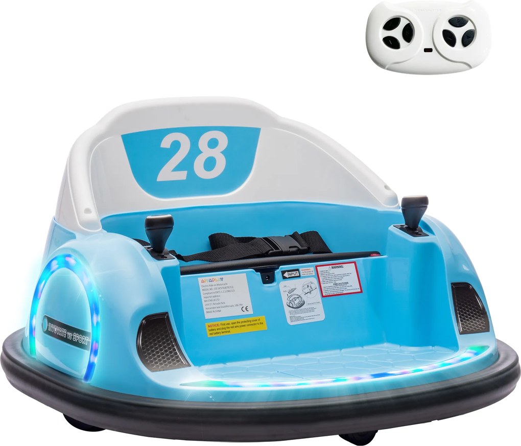 AIYAPLAY Autoscooter, obrót 360°, prędkość 2 km/h, pas bezpieczeństwa, światła LED, muzyka i klakson, Niebieski | Aosom PL