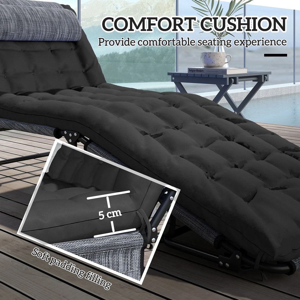 Outsunny Składany leżak ogrodowy z poduszką, leżak z 4-stopniowo regulowanym oparciem i boczną kieszenią, czarny | Aosom PL