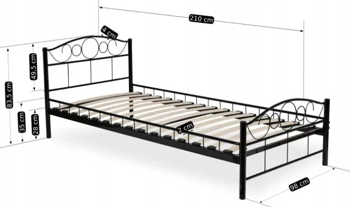 Czarne jednoosobowe metalowe łóżko 90x200 P2-B95