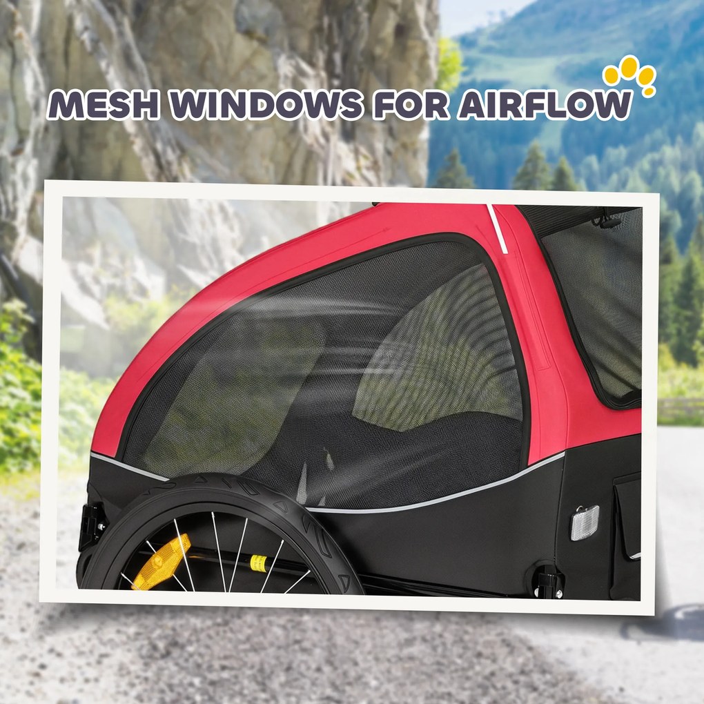 PawHut Przyczepka rowerowa składana z odblaskami oknami z siatki kołami drzwiami i chorągiewką, do 20 kg, 138x70x89 cm, czerwona | Aosom PL