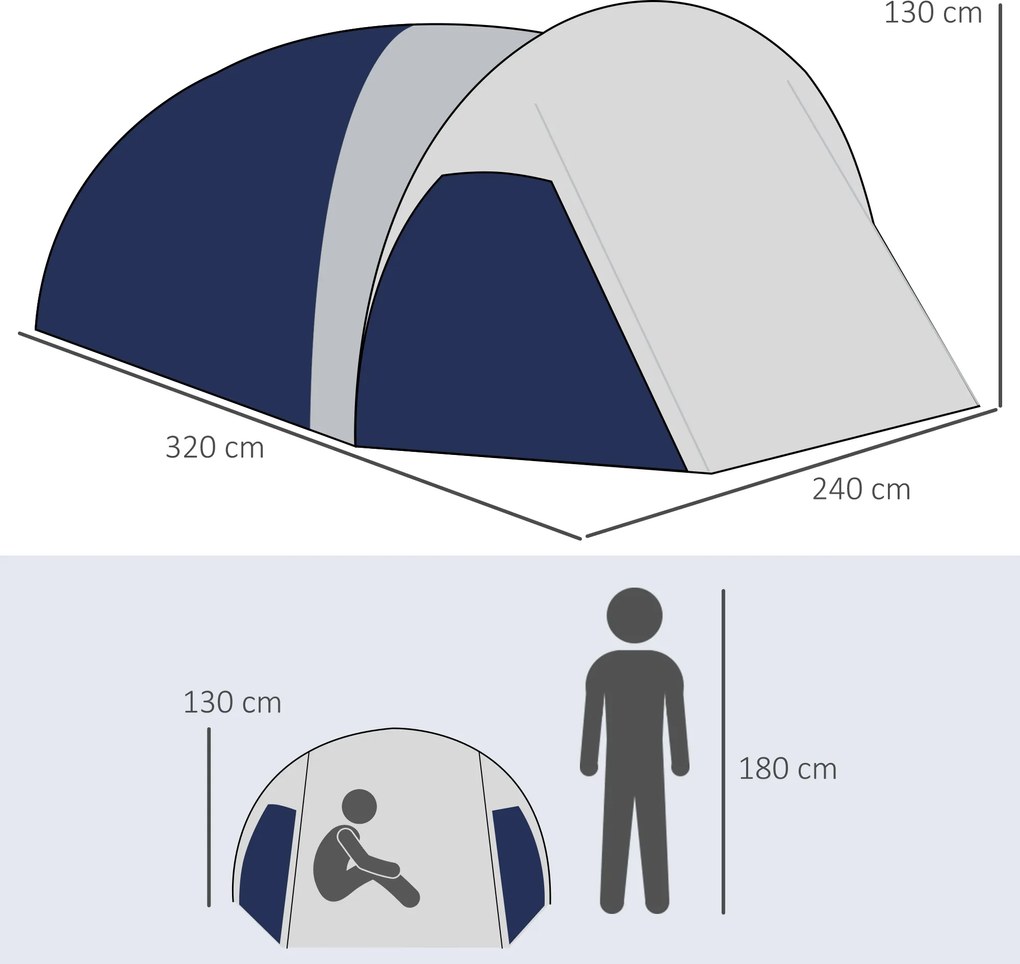 Outsunny Namiot kempingowy dla 3-4 osób, solidny, z torbą, 2 otwory, akcesoria, Niebieski