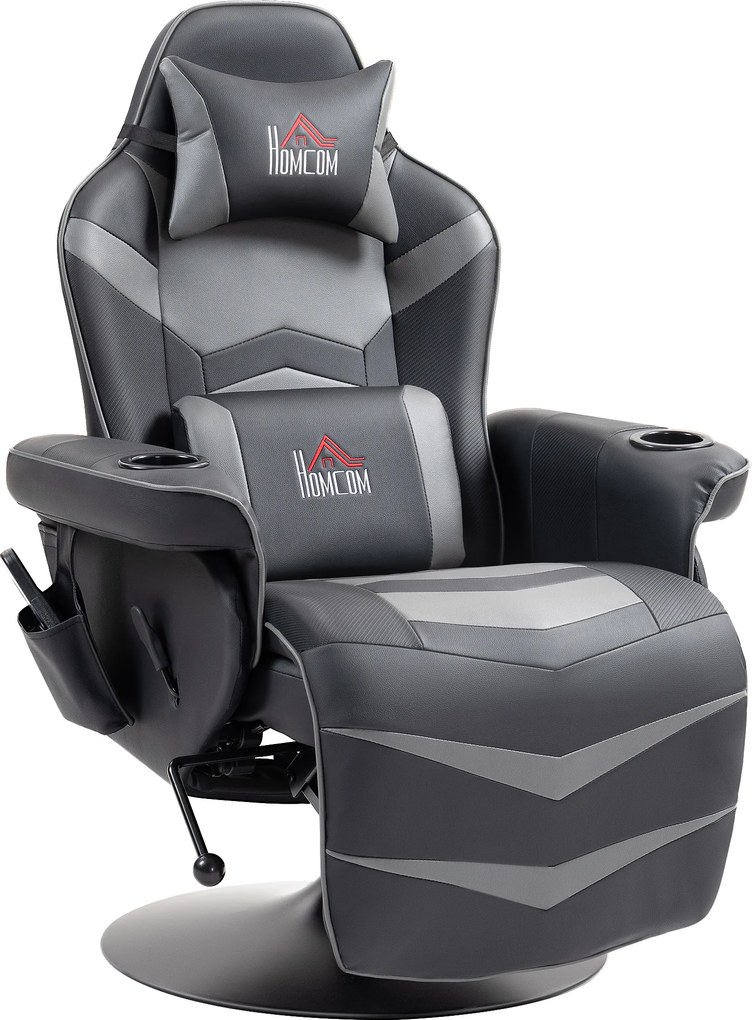 HOMCOM Fotel do gier z funkcją masażu, regulowane oparcie, podnóżek, do 120 kg, konstrukcja stalowa, Skóra Ekologiczna, Szary
