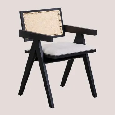 Zestaw 4 Tapicerowanych Krzeseł Do Jadalni Z Podłokietnikami Z Drewna Jesionowego I Rattanu Lali Nizina Czarna - Sklum