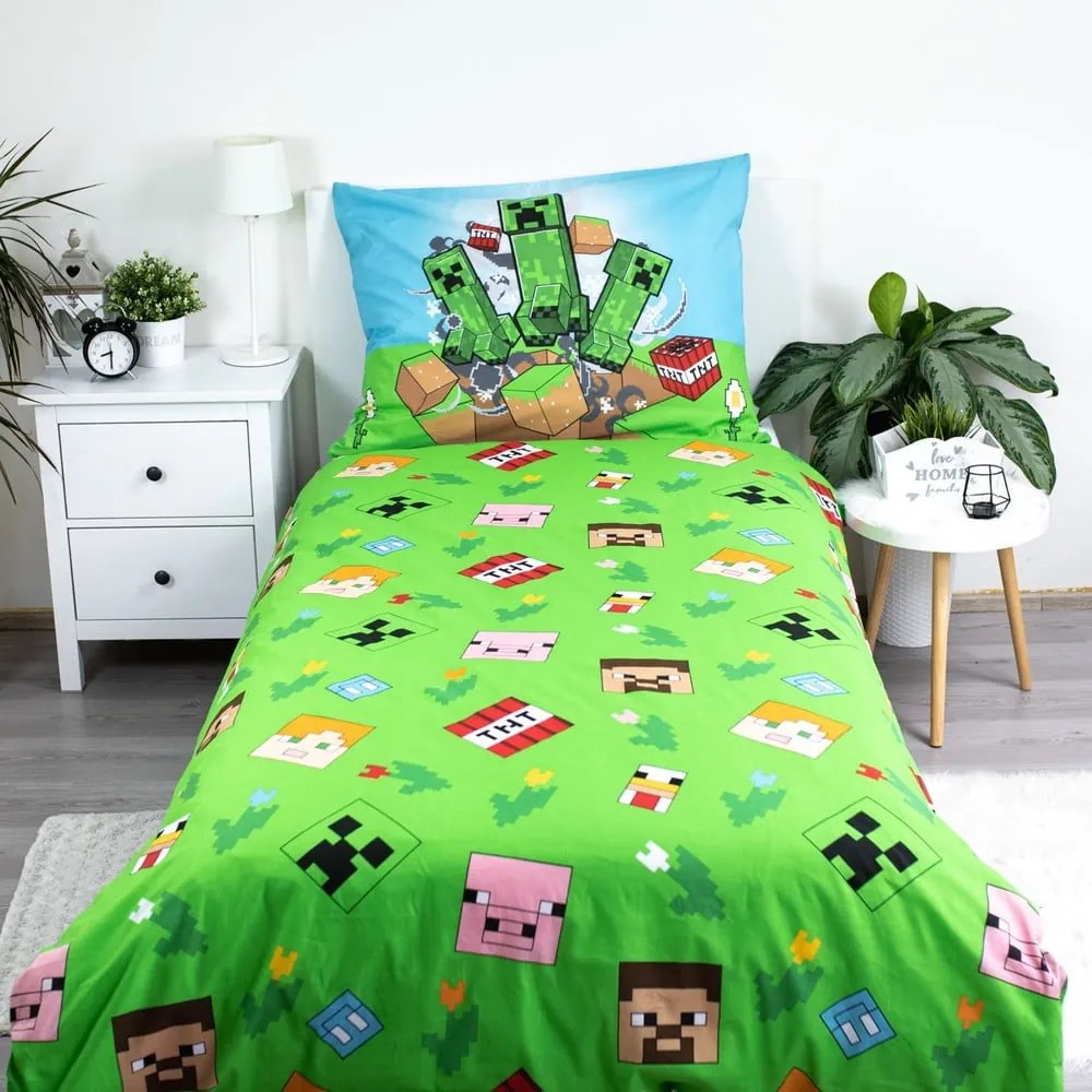 Zielono-niebieska bawełniana pościel dziecięca jednoosobowa 140x200 cm Minecraft "Outdoor Mobs" – Jerry Fabrics