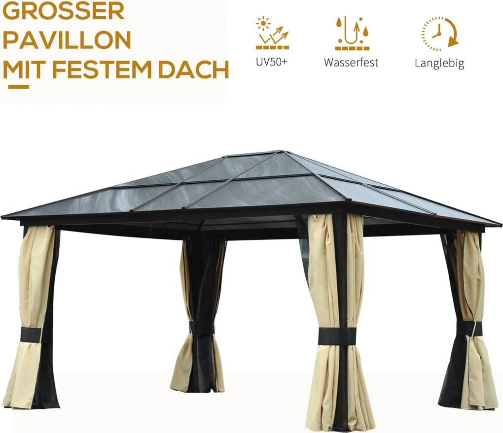Outsunny Pawilon ogrodowy hardtop 4 2x3 6 m z zasłonami i moskitierą aluminiowa konstrukcja brąz kremowy | Aosom PL