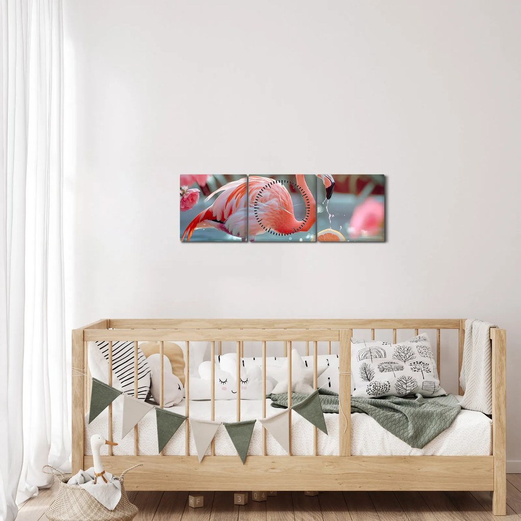 Obraz - Flaming w stawie (z zegarem) (90x30 cm)