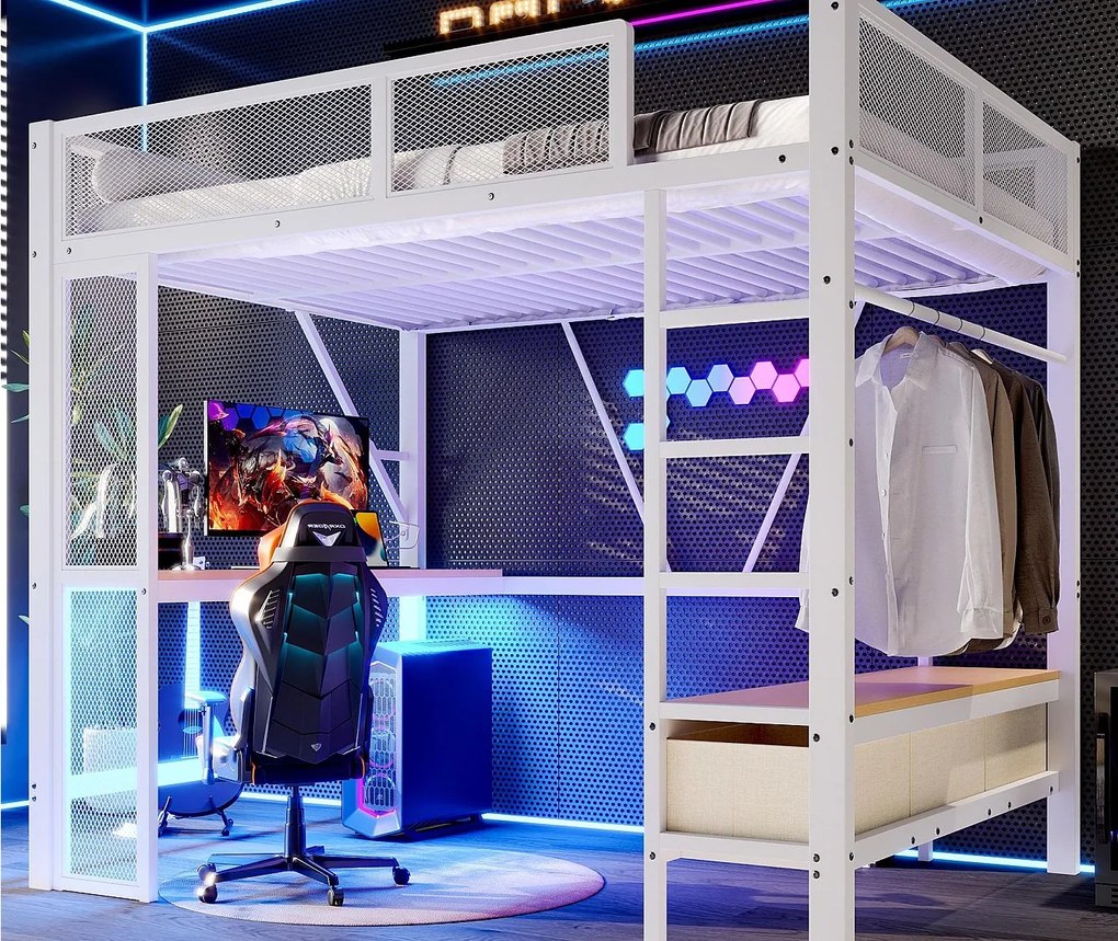 Łóżko na antresoli z metalu 140x200 cm - z LED i portem USB - Biurko i wieszak na ubrania - z 3 szufladami - Biały (materac nie jest dołączony)