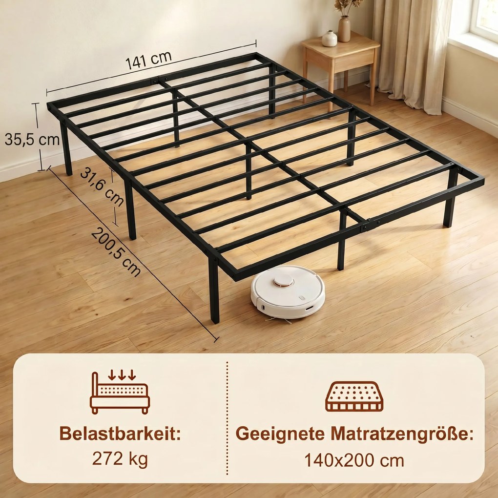 HOMCOM Stelaż łóżka, 140 x 200 cm, metalowe łóżko z miejscem do przechowywania pod łóżkiem, metalowa rama ze stelażem, bez potrzeby boxspringu | Aosom PL