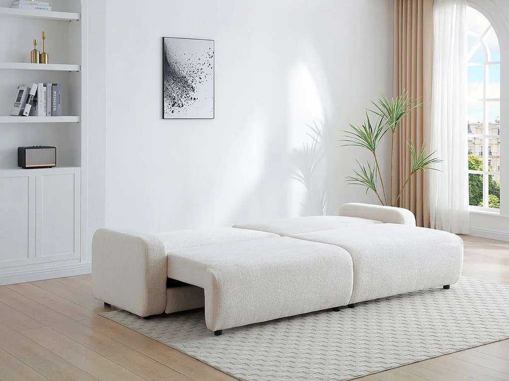 Kanapa  4-osobowa rozkładana z beżowej tkaniny szenilowej YOKIRA