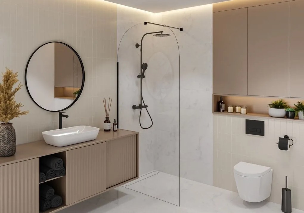 Ścianka prysznicowa WALK IN FIX przezroczysta półokrągła 8mm MOLIS CLEAR OVAL MASSI | rożne rozmiary : Kolor profili kabiny - czarny, Szerokość ścianki - 140 cm , Typ montażu - WALK in FIX (Do ściany)