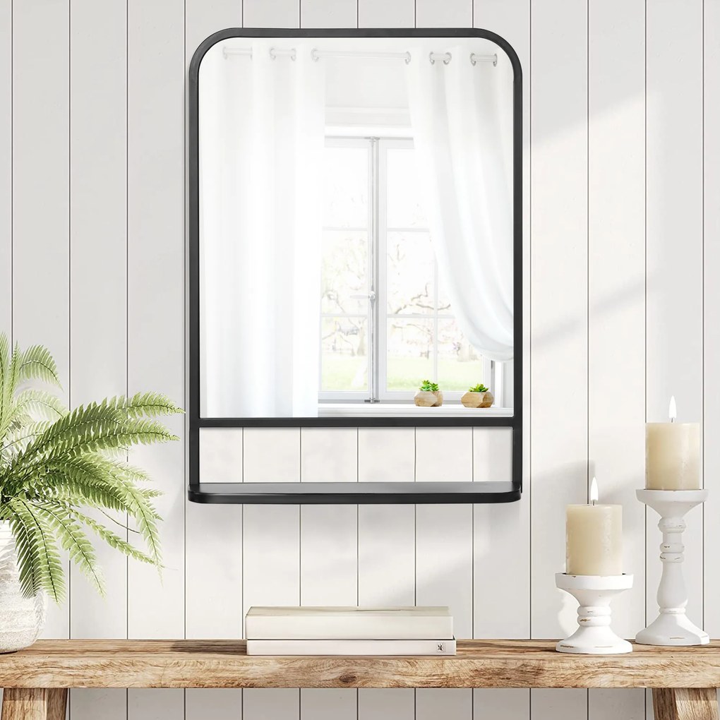 HOMCOM lustro ścienne z półką czarne metalowe zaokrąglone krawędzie stylowe lustro do łazienki 70x50 | Aosom PL