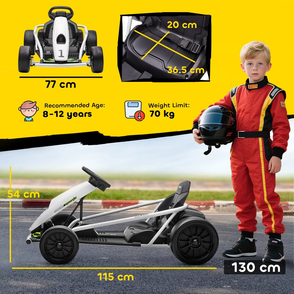 HOMCOM 24 V elektryczny gokart dla dzieci do 13 km/h z funkcją driftu, drift-kart z 2 silnikami dla 8-12 lat, biały | Aosom PL