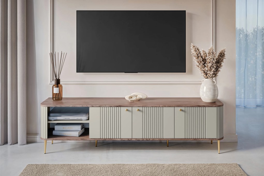 Szafka RTV Vesper 3D 187 cm - kaszmir / orzech / złote nogi