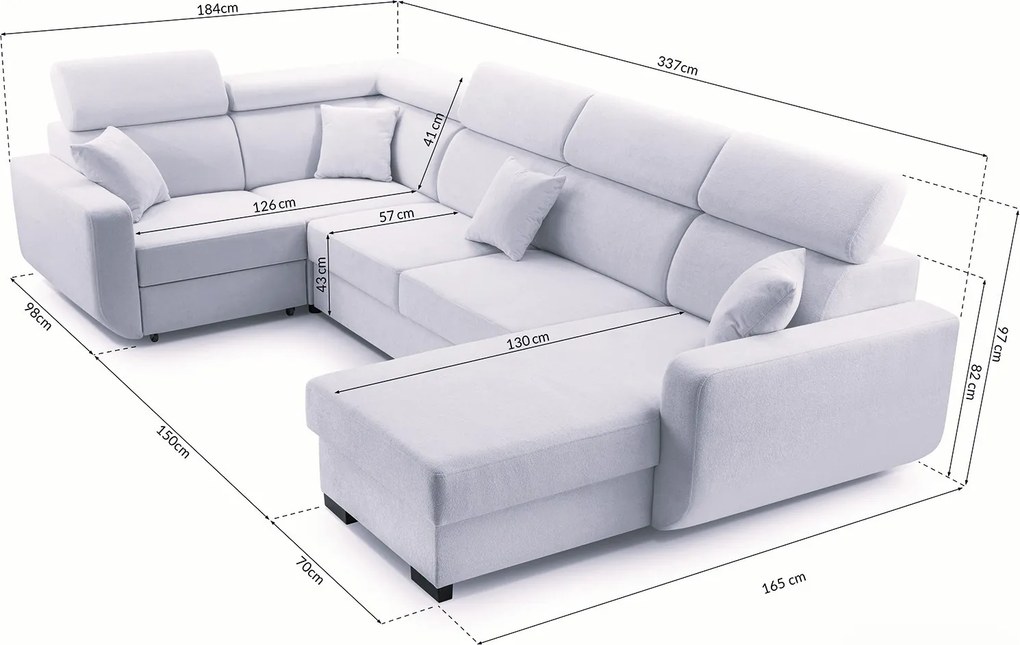 Masseno Narożnik CASTELLO z funkcją spania i pojemnikiem na pościel Narozniki U, Rozkładana sofa - Szary, VELO 633
