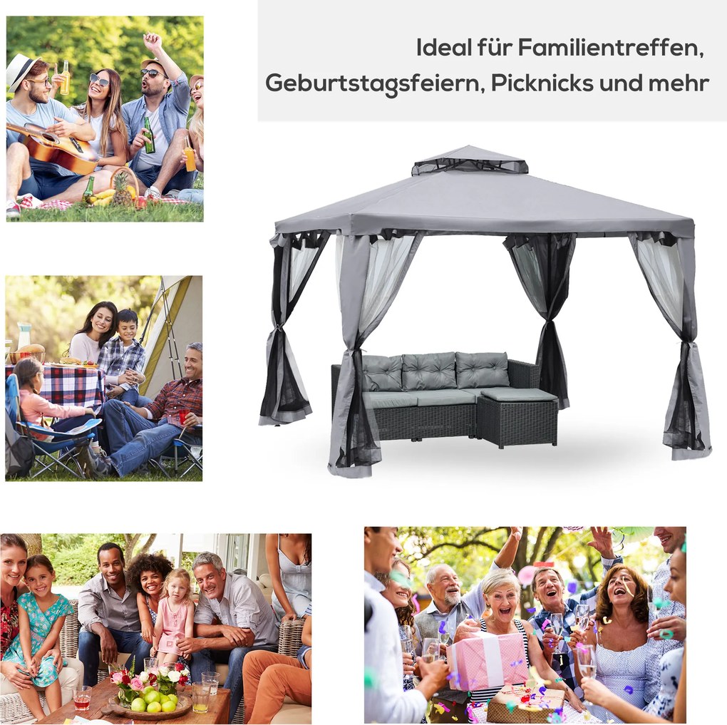 Elegancki Pawilon Outsunny z Ochroną UV i Moskitierą Jasnoszary 2,94 x 2,94m