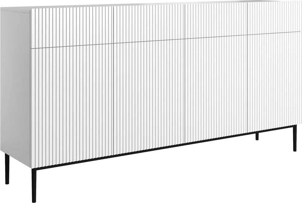 Komoda czterodrzwiowa Nicole 200 cm z szufladami z ryflowanym frontem - biały mat / czarne nóżki