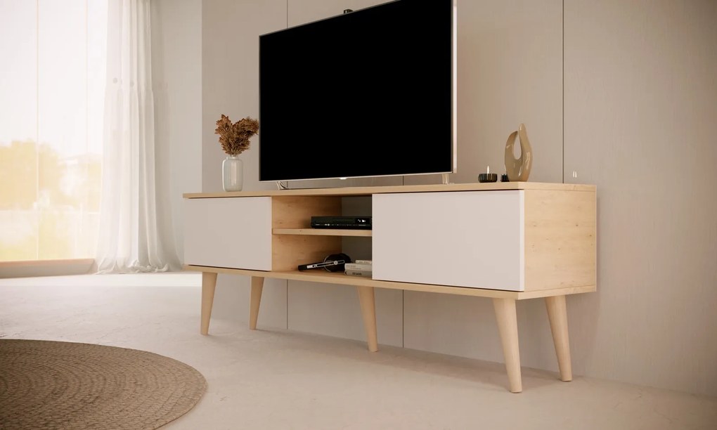 Szafka RTV na drewnianych nogach Toronto 160 dąb artisan/biały
