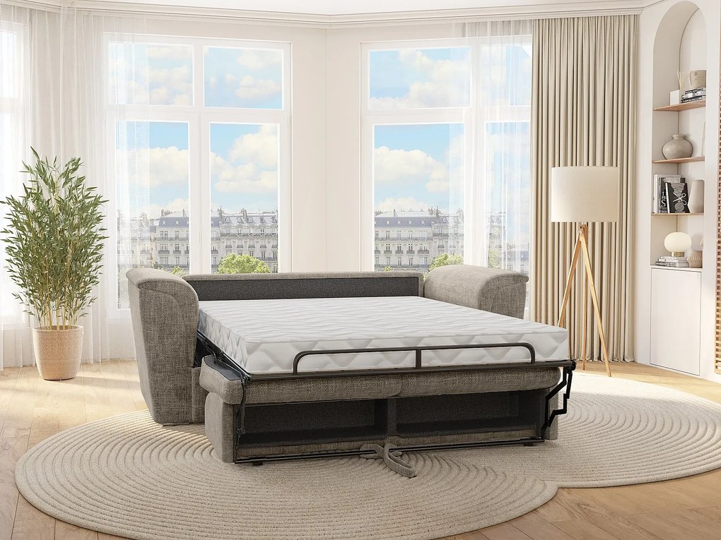 Kanapa 3-osobowa rozkładana typu express z teksturowanej tkaniny w kolorze taupe - Powierzchnia spania 140 cm - Materac 14 cm - RIZORA