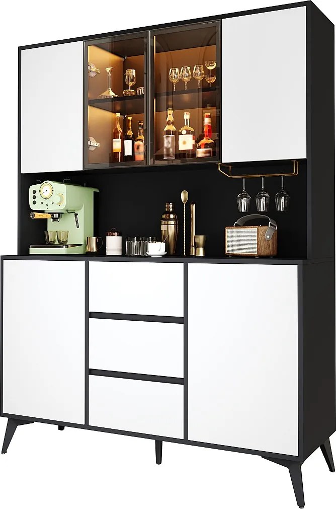 Witryna, wysoka szafka 120 × 40 × 160 cm - z oświetleniem LED - 3 szuflady i 6 drzwi - złoty uchwyt na kieliszki - MDF - Biały
