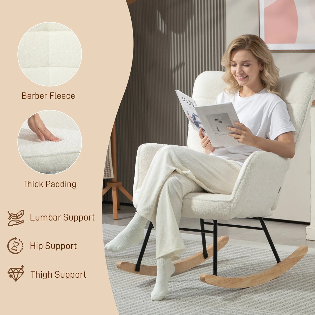 HOMCOM Fotel Bujany w Wyglądzie Fleece z Podłokietnikami, Ergonomiczny Fotel na Drewnianych Płozach, do Salonu, Sypialni, Biały