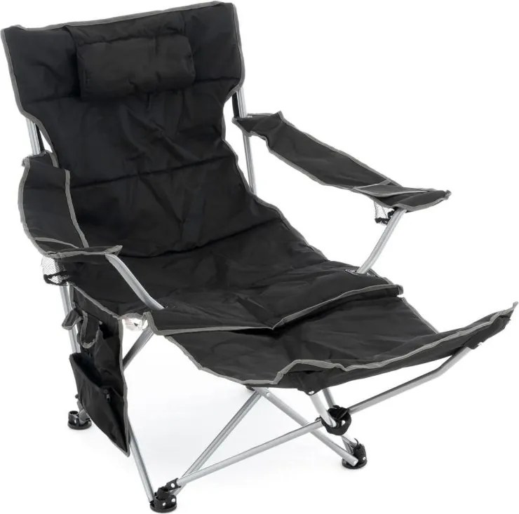 Krzesło kempingowe ze zdejmowanym podnóżkiem, czarne