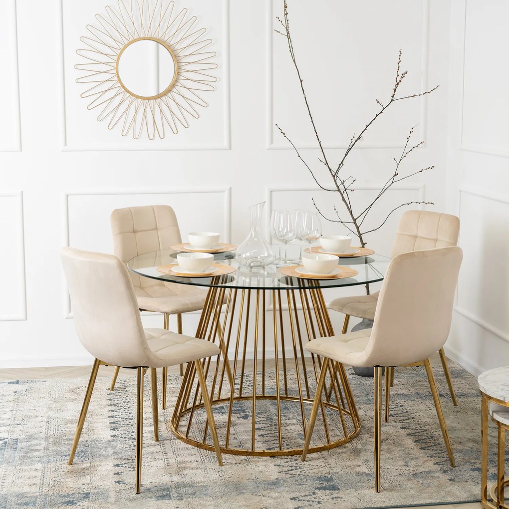 Zestaw Stół Okrągły Szklany OLIVIER 120 cm i 4 Krzesła Tapicerowane do Salonu YORK Kremowe Welurowe Glamour