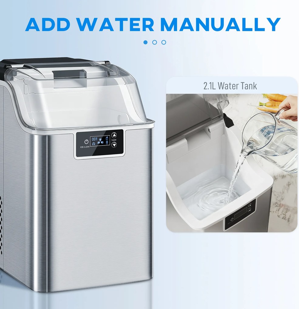 HOMCOM Kostkarka do lodu, dozownik kostek lodu, maszyna do lodu, 20 kg/24h kostkarka z 2,1 l zbiornikiem, Srebrny