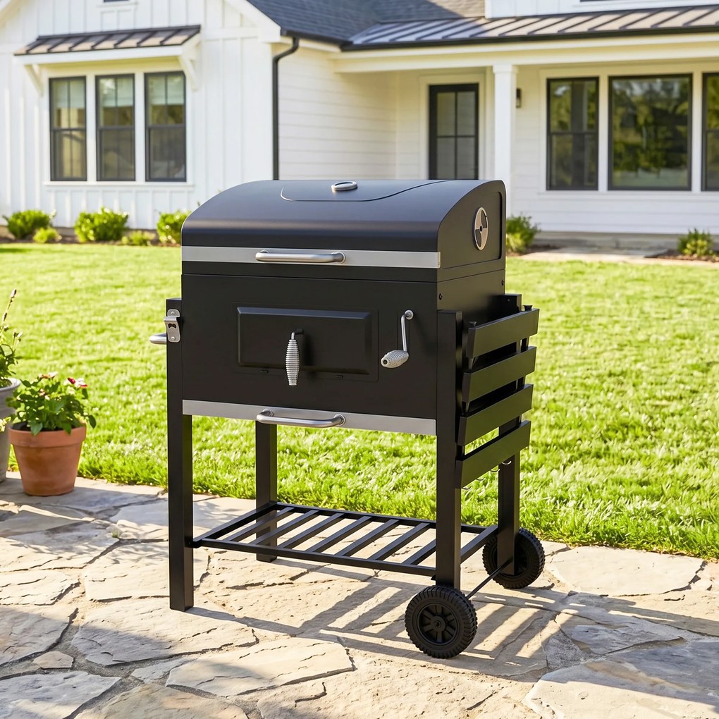 Outsunny Grill węglowy Smoker BBQ-Smoker, 1 półka, 1 uchwyt na ręcznik, 2 ruszty grillowe, 113 cm x 65 cm x 108 cm, Czarny