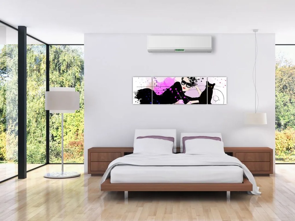 Obraz - Kobieta z czarnym kotem (170x50 cm)